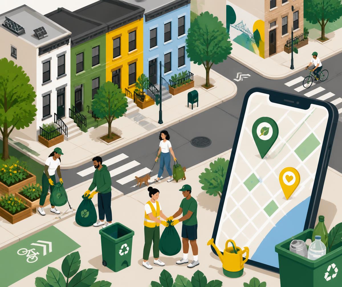 Illustration of a Brooklyn block with neighbors cleaning up and a phone showing the Clean Blocks map